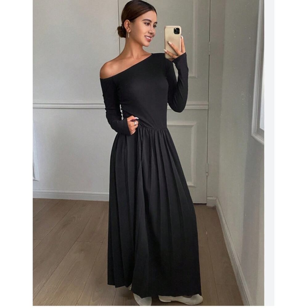 Dazy Black Off Shoulder Pleated Maxi Dress Formal Minimalist Size L NWT